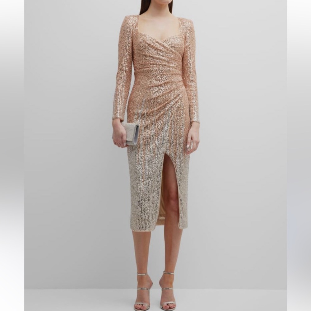 Badgley Mischka Ombré Gold & Silver Sequin Ruched Midi Cocktail Dress Wedding